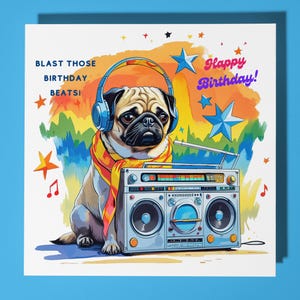 Mopshond - Happy Birthday Card - Funny Animal - Premiumwenskaart en envelop - Gepersonaliseerde hondenkaart - kaart jaren 80 - zoon zus vriend