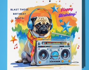 Pug dog - Happy Birthday Card - Funny Animal - Premium Greeting Card & Envelope - Personalised Dog card - 80s card - Son Sister Friend