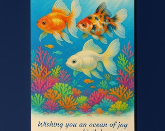 Rainbow Fish Parade Collection Fancy goldfish Wishing you an ocean of joy Birthday Card - Premium Greeting Card Envelope - Personalised card