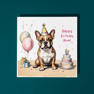 Raça de cachorro buldogue francês fofo feito à mão com bolo Cartão de feliz aniversário para mãe Cartão engraçado de animal Amantes de animais Cartão de felicitações premium e envelope
