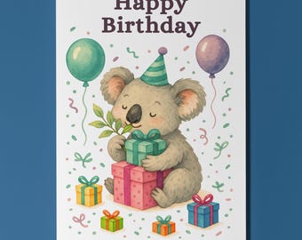Little Koala Celebration- Happy Birthday Card Funny Animals - Premium Greeting Card and Envelope Personalised -Friends Family members