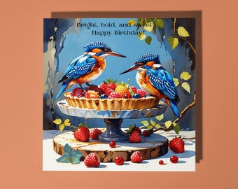 Handmade Birds sitting on a berry tart - Bright, bold, and sweet  Happy Birthday Card Animal Lovers Premium Greeting Card and Envelope