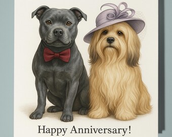 Staffordshire Bull Terrier and Lhasa Apso Happy Anniversary Card  Funny Animal Premium Greeting Card & Envelope - Personalised card  Couple