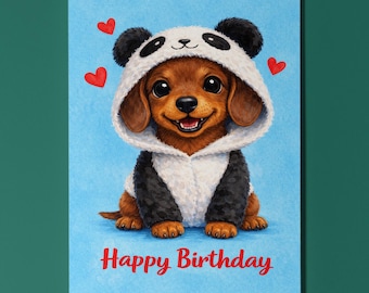 Dachshund Dog Panda Hoodie Birthday Card, Kawaii Cute Personalised Dog Lover Gift