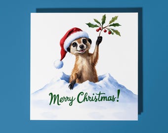 Handmade cute Santa Meerkat Merry Christmas Card  Funny Animal-Themed Holiday Card  Premium Greeting Card with White Envelope