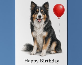Basque Shepherd Dog Birthday Card, Personalised Dog Greeting Card, Red Balloon Birthday Card