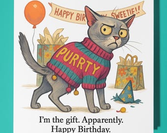 Fine Art Funnies Collection - Short-haired cat - Happy Birthday Card - Premium Greeting Card & Envelope - Personalised card - Friend Family