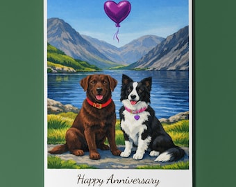 Lake District - Wastwater Labrador and Border Collie dogs Happy Anniversary Card and Envelope Funny Premium Personalised Couples Spouses