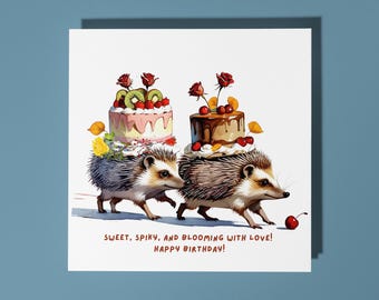 Handmade Cute hedgehogs carry cakes - with love! Happy Birthday Card Funny Animal Card Animal Lovers Premium Greeting Card & Envelope