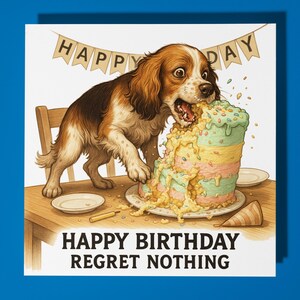Vol de gâteau épagneul - carte de joyeux anniversaire - animal drôle - carte de voeux et enveloppe premium - carte drôle personnalisée - famille d'amis