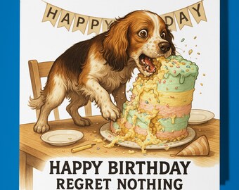 Spaniel Stealing Cake - Happy Birthday Card - Funny Animal - Premium Greeting Card & Envelope - Personalised funny card - friend family