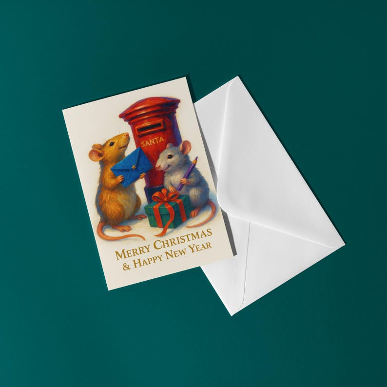 Puede incluir: Tarjeta de Navidad con dos ratones, un buz&oacute;n rojo con la inscripci&oacute;n "SANTA" y un regalo envuelto. La tarjeta dice "MERRY CHRISTMAS & HAPPY NEW YEAR" en dorado. Incluye un sobre blanco.