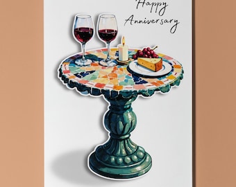 Romantic Table for Two - Wine Candle - Happy Anniversary Card - Pop 3D Appliqué Collection - Premium Greeting Card Envelope - Personalised