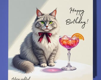 Norwegian Forest Cat -  Asterix cocktail - Happy Birthday Card - Premium Greeting Card & Envelope - Personalised funny card - Family Friend