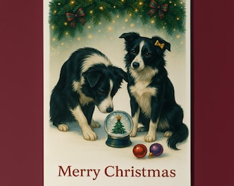 Border Collie  Dogs Duo - Cozy Nose and Snow Globe - Christmas Card - Funny Dogs - Dog Breeds - Premium Greeting Card Envelope Personalised