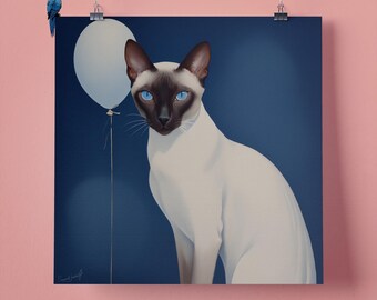 Elegant Siamese Cat White Balloon, Pet Portrait, Wall Art Print, Perfect Gift for Pet Lovers 295mm x 295mm, 300GSM Matte Paper Unframed