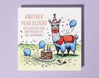 Handmade Birthday Llama with a piece of cake Birthday Card Funny Animal Card Animal Lovers Premium Greeting Card White Envelope