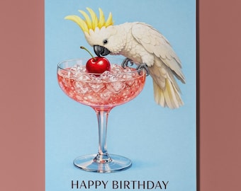 Cockatoo Personalised Birthday Card, Pink Cherry Soda Parrot Bird Card