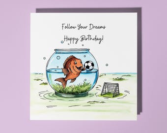 Handmade Funny fish playing football Happy Birthday Card - Funny Animal Card Animal Lovers Premium Greeting Card With White Envelope