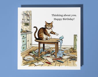 Handmade Funny cat in the kitchen Happy Birthday Card - Funny Animal Card Animal Lovers Premium Greeting Card With White Envelope