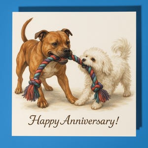 Cani Staffordshire Bull Terrier e Bolognese - Biglietto di auguri di buon anniversario - Animale divertente - Busta per biglietti di auguri premium - Biglietto personalizzato
