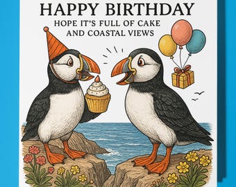 Fine Art Funnies Collection -  puffins - Happy Birthday Card - Premium Greeting Card and Envelope - Personalised funny card - Friend Family