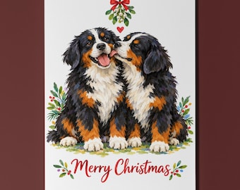 Bernese Mountain Dog Christmas Card, Mistletoe Dog Pair, Personalised
