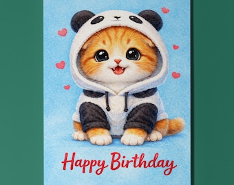 Scottish Fold Cat Birthday Card Personalised Panda Hoodie Kawaii Kitten Gift