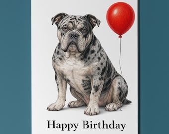 Alapaha Blue Blood Bulldog Birthday Card, Personalised Dog Card, Red Balloon Greeting Card