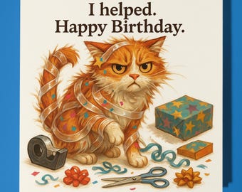 Fine Art Funnies Collection - Orange cat -  I helped - Happy Birthday Card - Premium Greeting Card and Envelope - Personalised card - Friend
