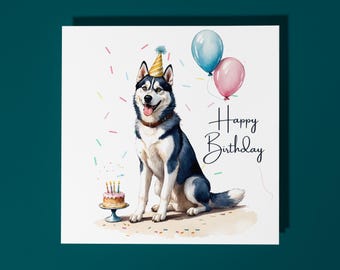 Handmade Cute Alaskan husky Dog breed With Cake Happy Birthday Card Funny Animal Card Animal Lovers Premium Greeting Card & Envelope