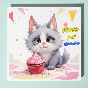 Carte de joyeux 2e anniversaire de chat - animal drôle - carte de voeux et enveloppe premium - carte de chat personnalisée - petit-fils petite-fille fille fils