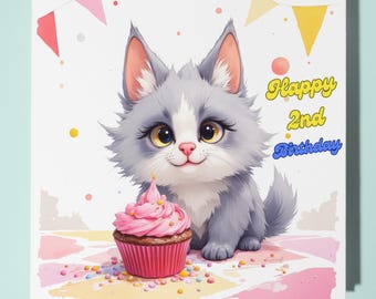 Cat Happy 2nd  Birthday Card - Funny Animal - Premium Greeting Card & Envelope - Personalised Cat card -grandson granddaughter daughter son