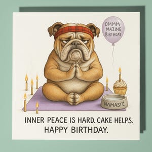 Bulldog inglese - La pace interiore è difficile. La torta aiuta - Biglietto di auguri di buon compleanno - Biglietto di auguri premium e busta - Biglietto di auguri divertente personalizzato con cane