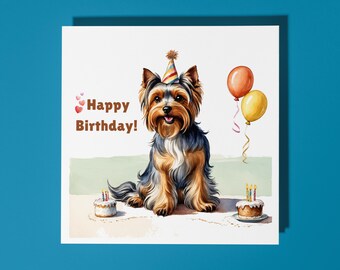 Handmade Cute Yorkshire Terrier With Cake Happy Birthday Card - Funny Animal Card Animal Lovers Premium Greeting Card With White Envelope