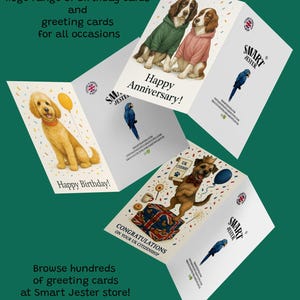 Puede incluir: Una colecci&oacute;n de tarjetas de felicitaci&oacute;n con varios dise&ntilde;os. Una tarjeta dice "&iexcl;Feliz Aniversario!" con ilustraciones de perros. Otra dice "&iexcl;Feliz Cumplea&ntilde;os!" con un perro y un globo. Las tarjetas son de la tienda Smart Jester.