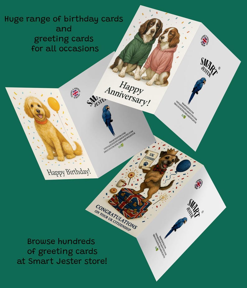 Puede incluir: Una colecci&oacute;n de tarjetas de felicitaci&oacute;n con varios dise&ntilde;os. Una tarjeta dice "&iexcl;Feliz Aniversario!" con ilustraciones de perros. Otra dice "&iexcl;Feliz Cumplea&ntilde;os!" con un perro y un globo. Las tarjetas son de la tienda Smart Jester.