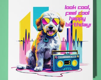 Labradoodle - Happy Birthday Card - Funny Animal - Premium Greeting Card & Envelope - Personalised Dog card - 80s card - Son Sister Friend