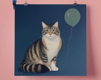 Elegant Fluffy Tabby Cat Blue Balloon, Pet Portrait, Wall Art Print, Perfect Gift for Pet Lovers 295mm x 295mm, 300GSM Matte Paper Unframed
