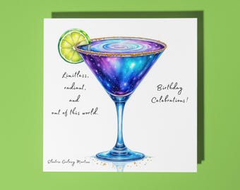 Handmade Electric Galaxy Martini cocktail - Limitless, radiant, and out of this world Happy Birthday Card  Premium Greeting Card & Envelope