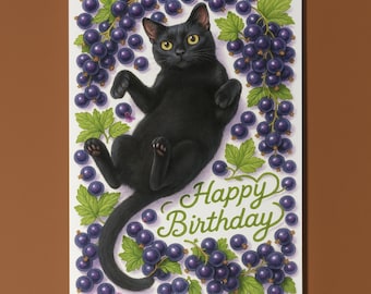 Blackcurrant Cat - Fruity Friends Collection - Happy Birthday Card - Funny Animals  - Premium Greeting Card Envelope - Personalised