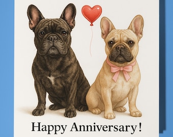 French Bulldogs and red heart Anniversary Card - Funny Animal - Premium Greeting Card & Envelope - Personalised Dog card - Wife Husband