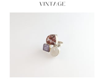 Enchanting Triad: Rose Quartz, Amethyst, and Jasper Ring UK M / US 6