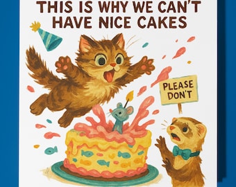 Flying cat - Happy Birthday Card - Funny Animal  Premium Greeting Card Envelope Personalised Cat card - sister daughter friend brother Dad