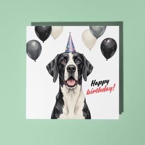 Handgemaakte Duitse dog omgeven door zwart-witte ballonnen Verjaardagskaart Funny Animal Animal Lovers Premium wenskaart Envelop