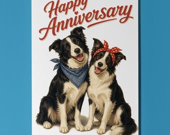Border Collie Anniversary Card, Retro Dog Couple Greeting Card, Personalised Vintage Pin Up