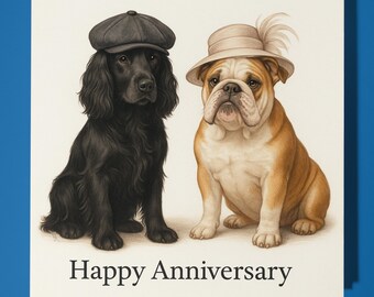 Springer Spaniel and English Bulldog - Happy Anniversary Card -  Funny Animal Premium Greeting Card & Envelope - Personalised card - Couple