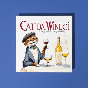 Handgemaakte grappige kat wijnproever Cat Da Wineci Purrefection gelukkige verjaardagskaart grappige dierenkaart dierenliefhebbers premium wenskaart envelop