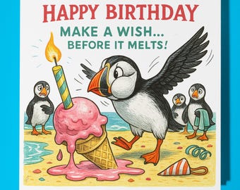 Fine Art Funnies Collection - Puffins  - Happy Birthday Card - Premium Greeting Card and Envelope - Personalised funny card - Friend Family