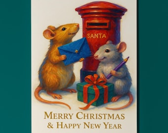 Two rats Posting to Santa - Merry Christmas & Happy New Year Card - Funny animals - Premium Greeting Card and Envelope - Personalised card